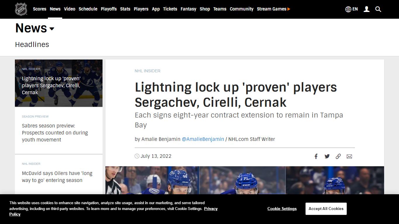 Lightning lock up 'proven' players Sergachev, Cirelli, Cernak